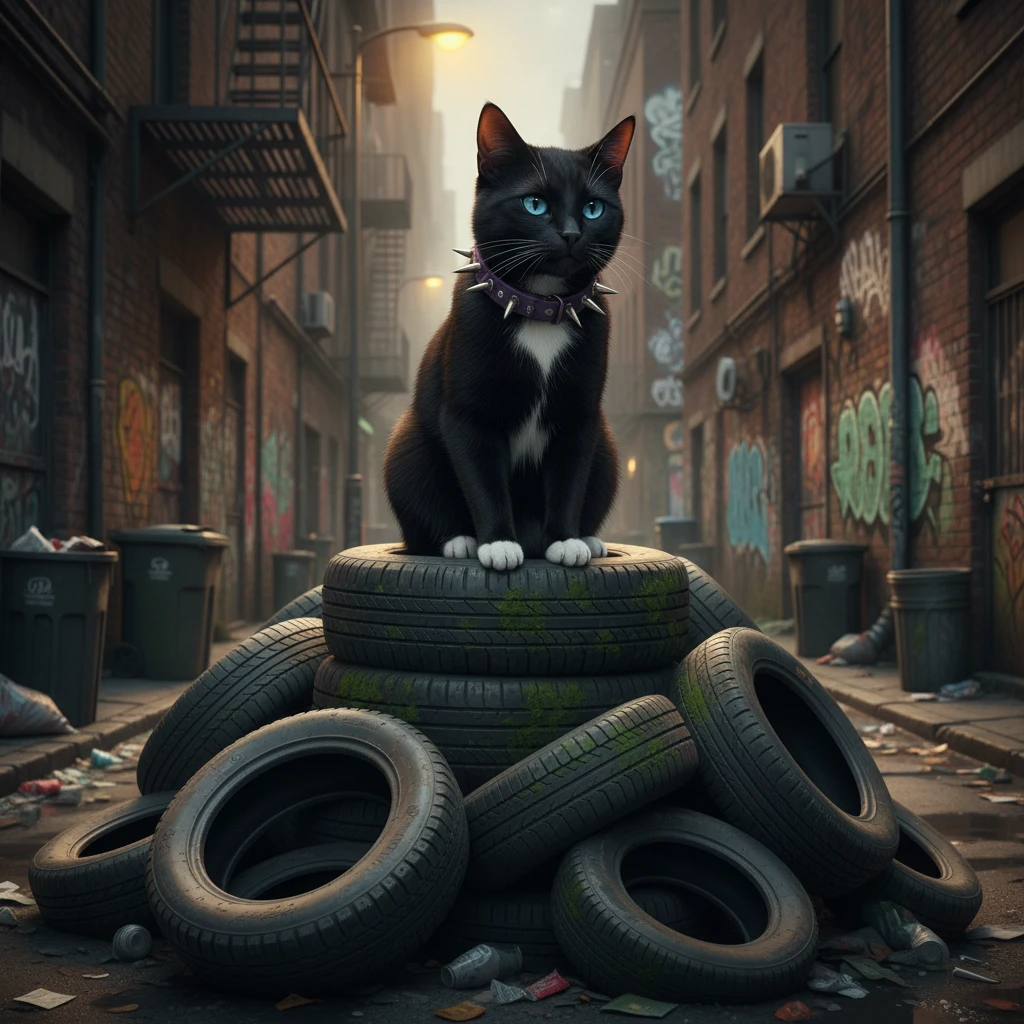 Black cat with blue eyes on tires in a dark alley