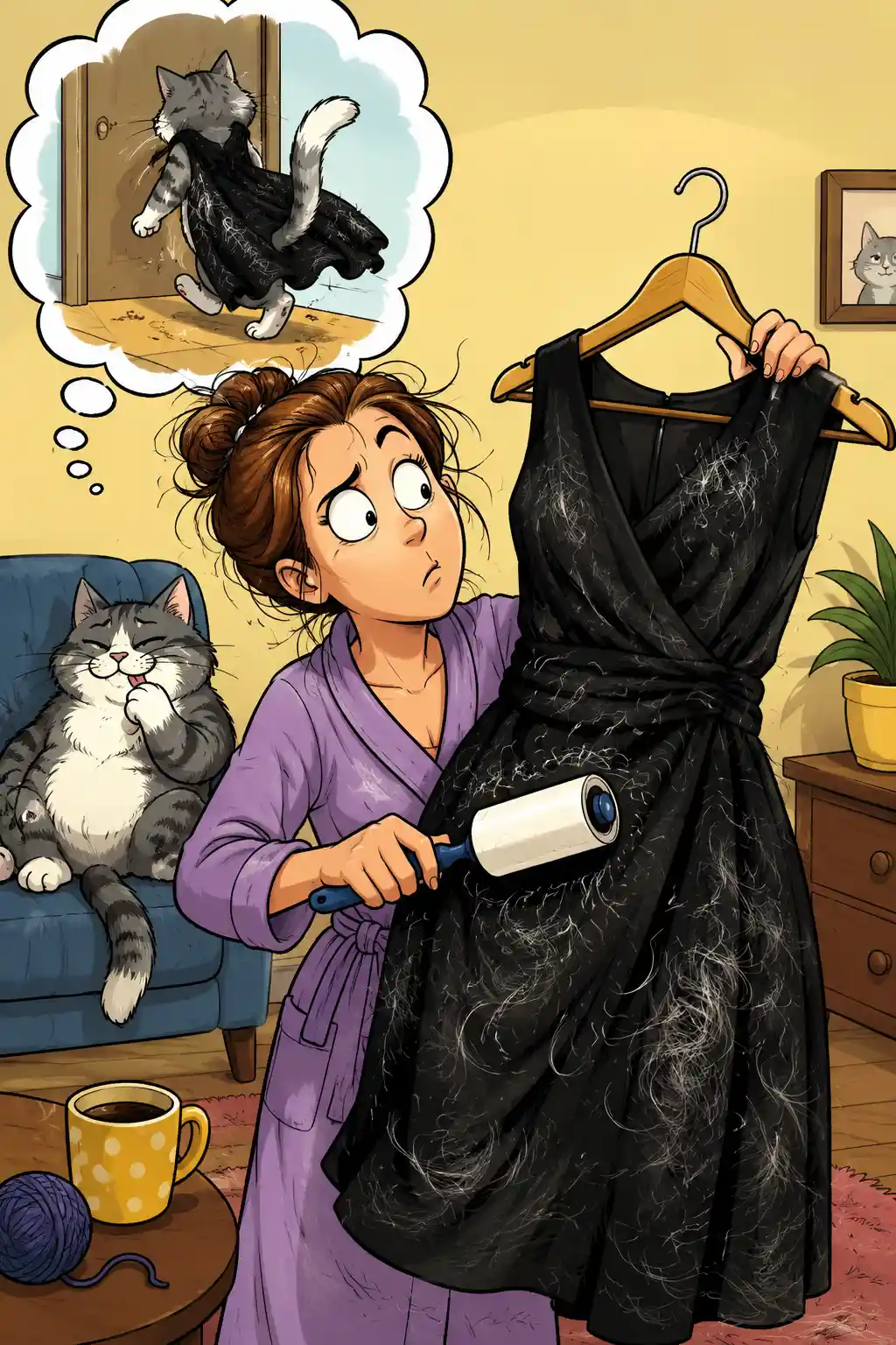 Cartoon woman cleaning cat hair from her dress with humor