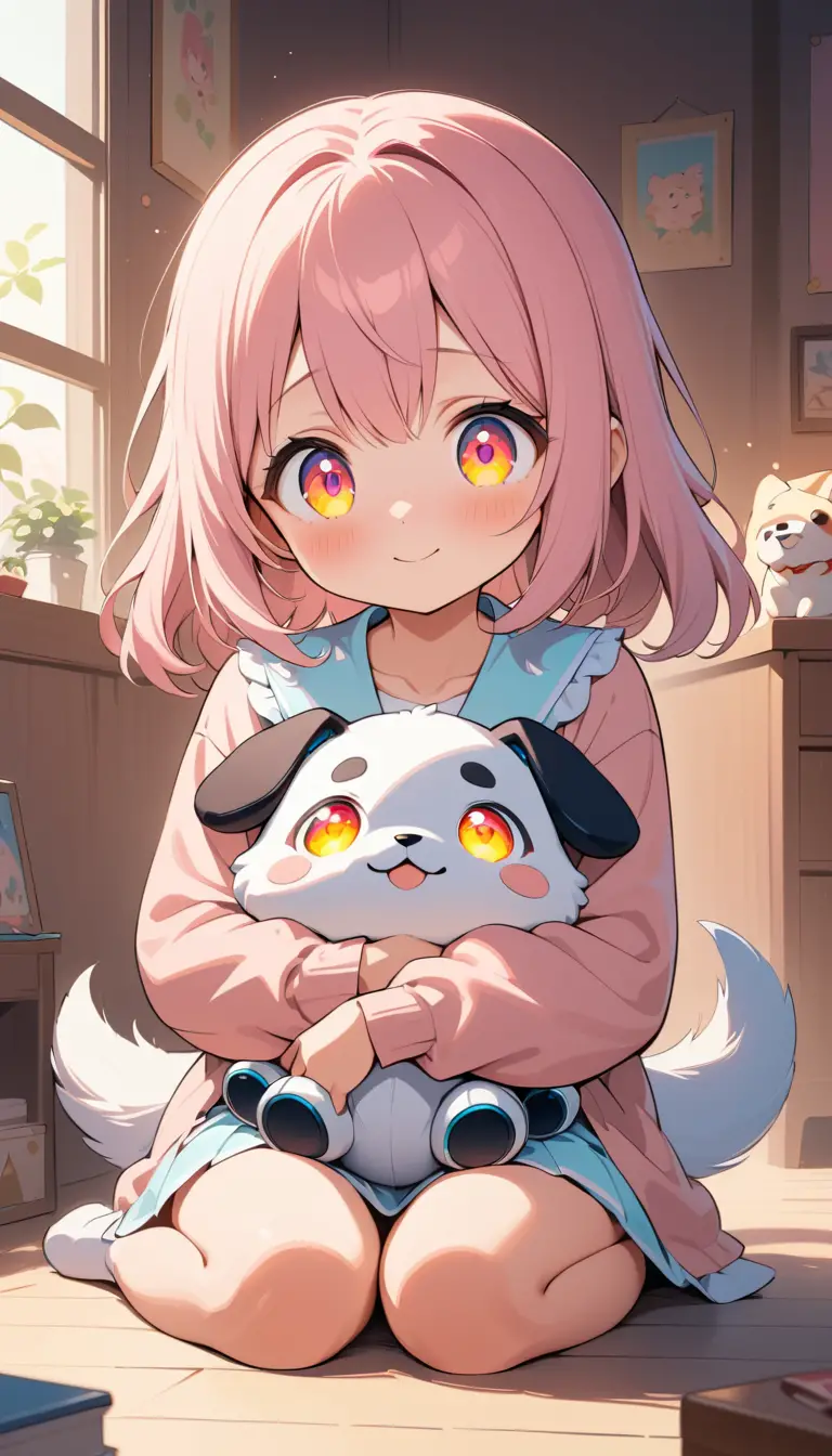 Tierna chica de anime abrazando a su perro robot amistoso
