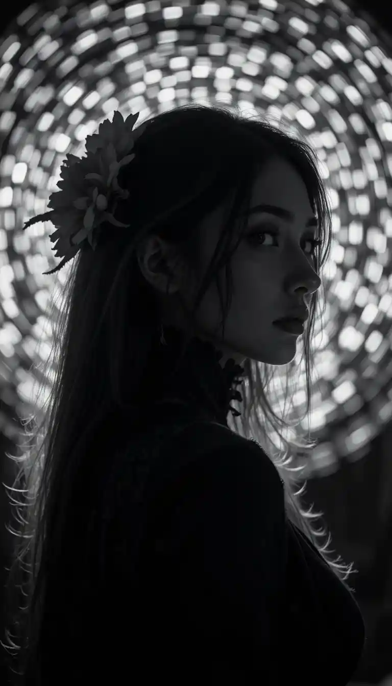 Retrato em preto e branco em close de uma mulher de perfil