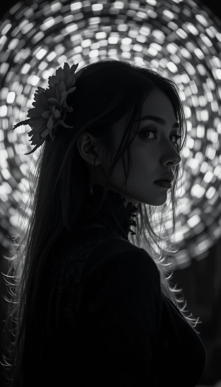 Retrato em preto e branco em close de uma mulher de perfil