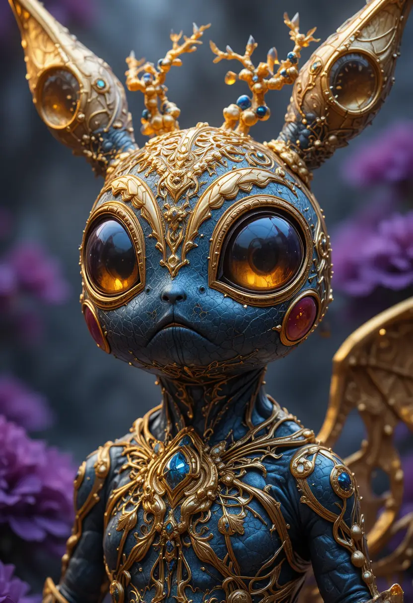 Criatura fantástica en relieve con enormes ojos color ámbar en un bosque alienígena