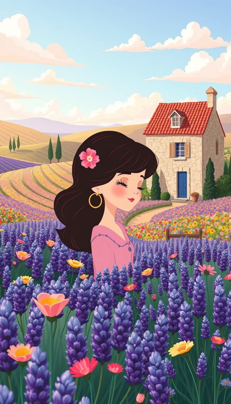 Chica tierna en tonos pastel con flores en una ilustración de ensueño