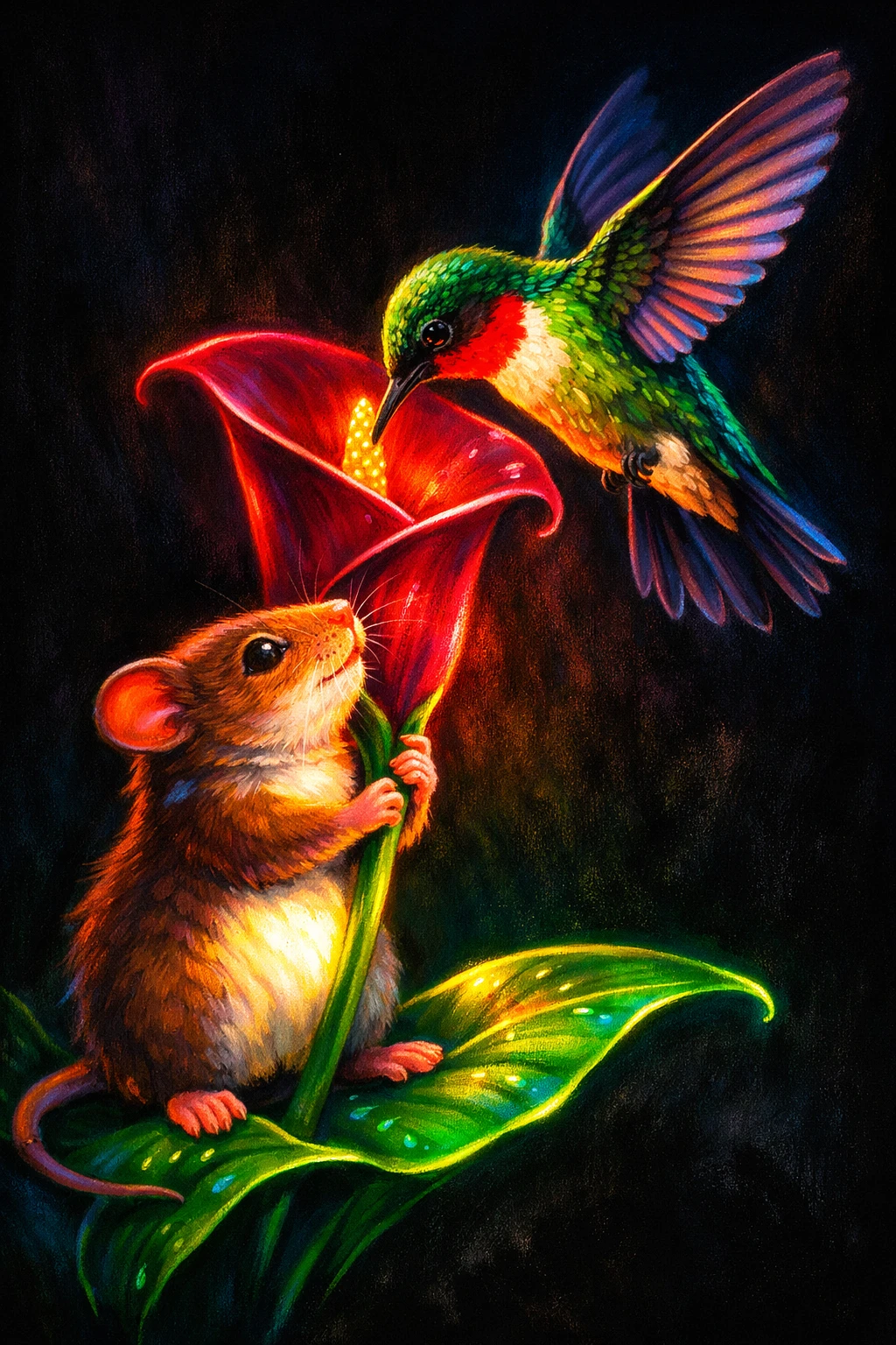 Neon mouse with glowing calla lily and hovering hummingbird