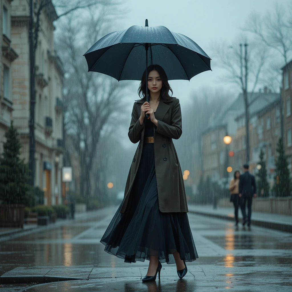 Mulher de sobretudo longo caminhando com guarda-chuva na chuva