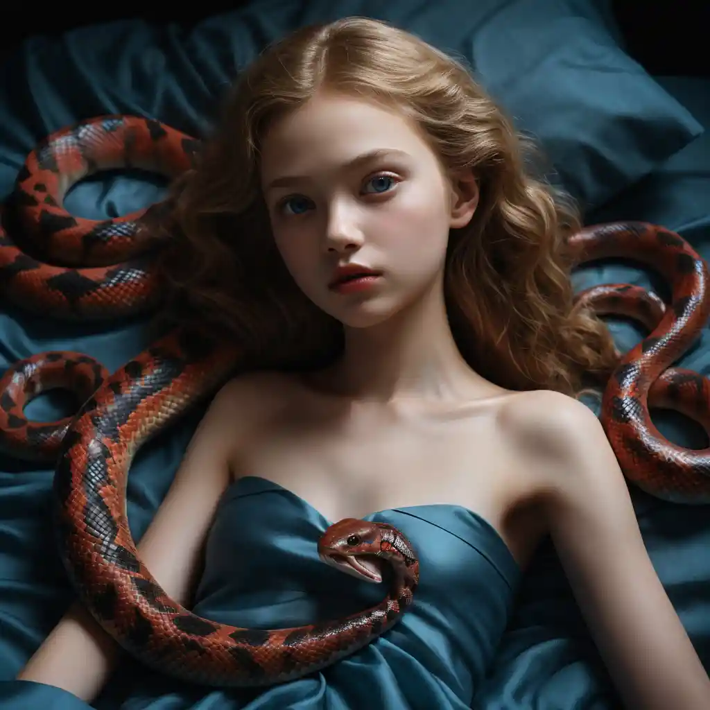 Joven melancólica acostada en una cama con una serpiente