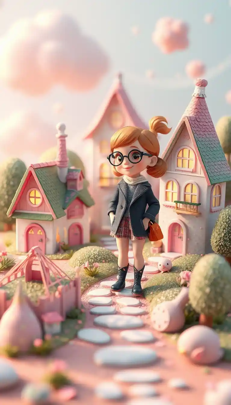 Personaje Estilo Pixar Fantasioso en Escena de Fantasía en Tonos Pastel