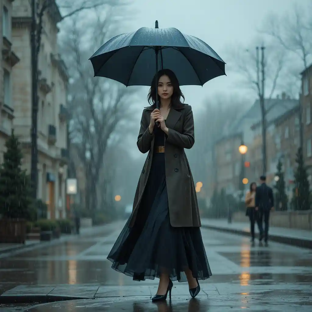 Donna con cappotto lungo che cammina con l’ombrello sotto la pioggia