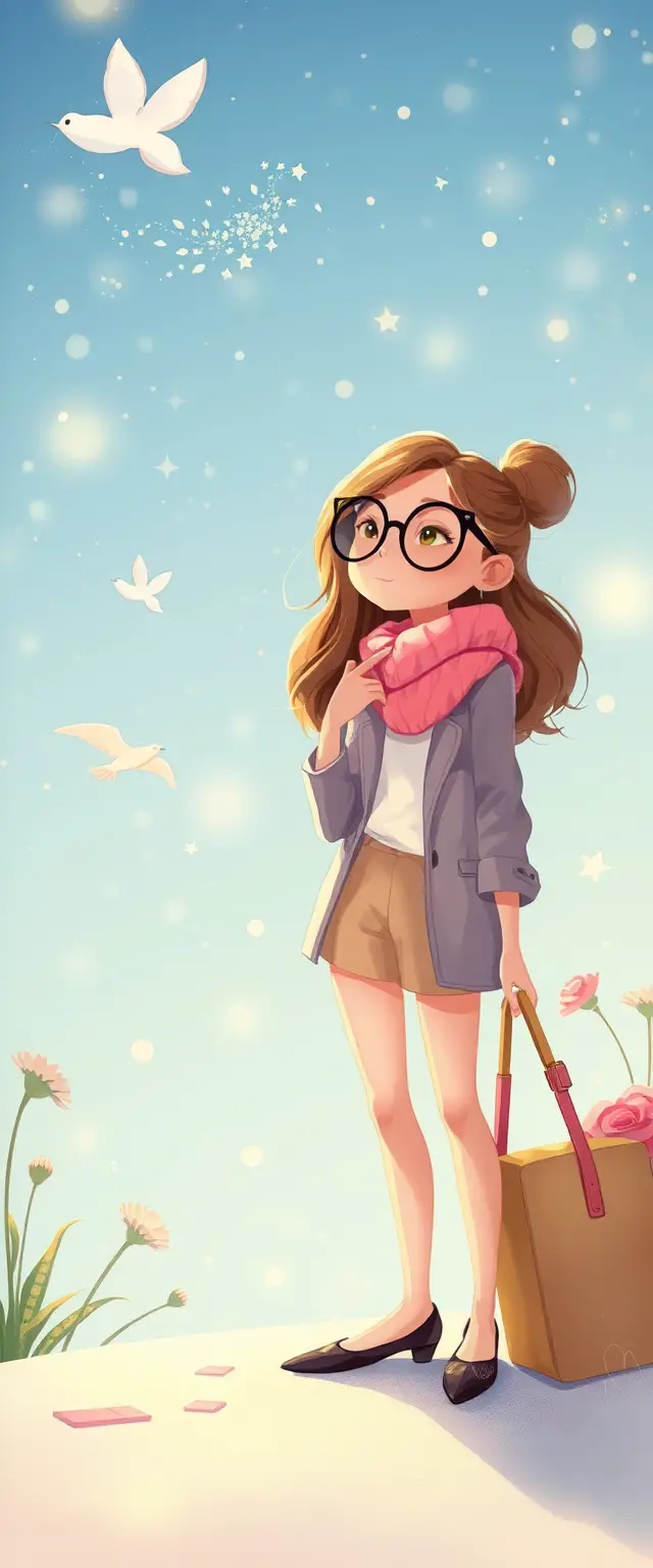 Whimsical pastel girl in playful fashionable cartoon style