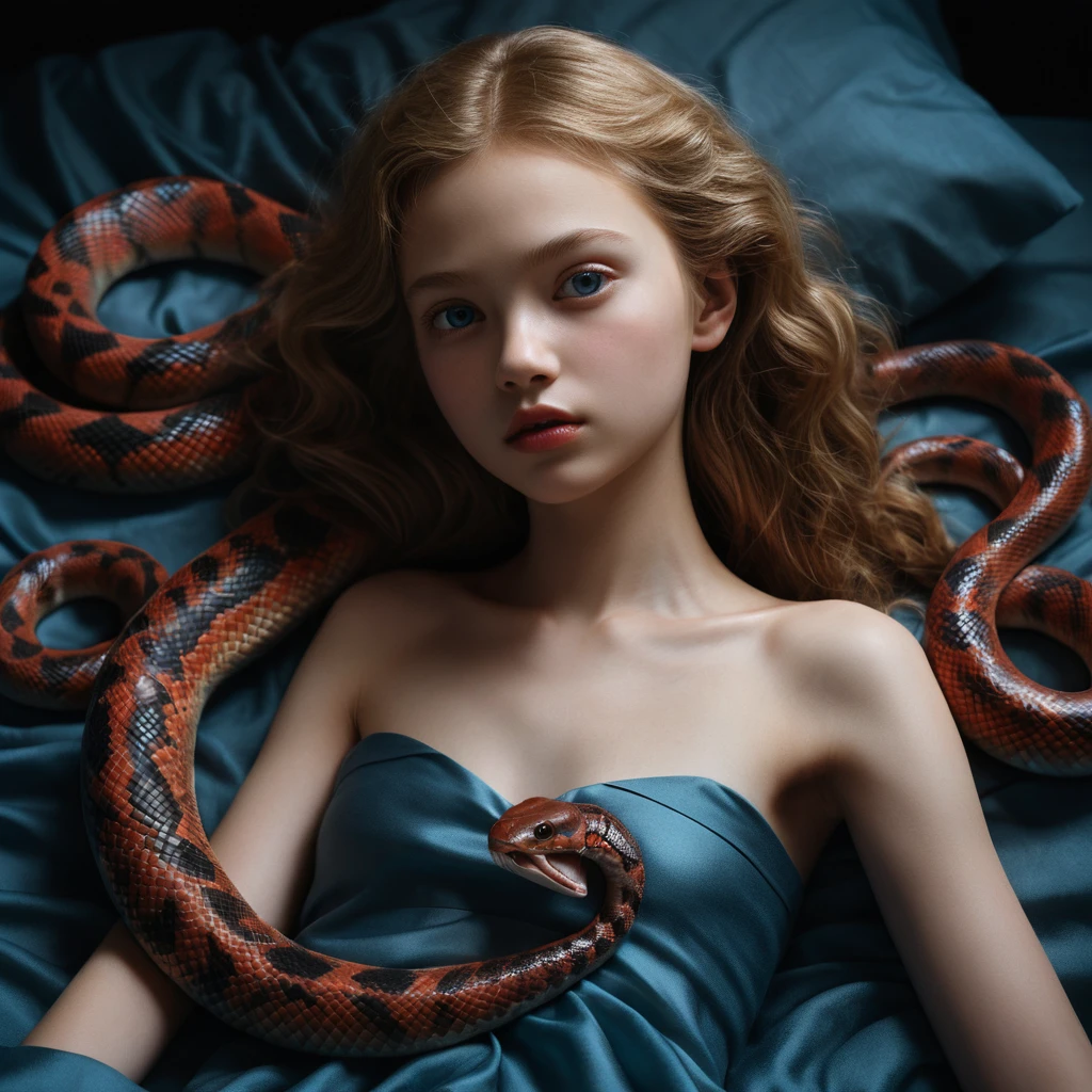 Melancholic young girl lying on a bed with serpent