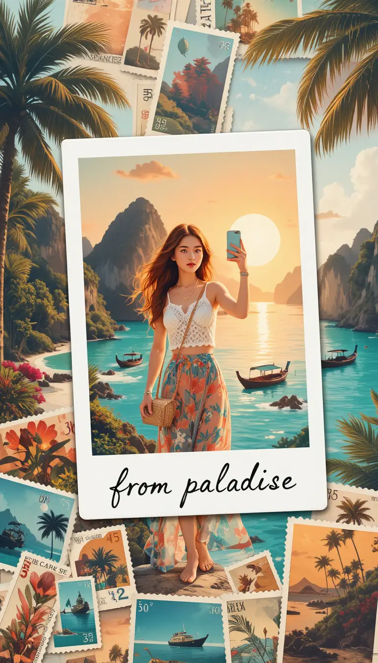 Girl taking a sunset selfie over tropical lagoon cliffs