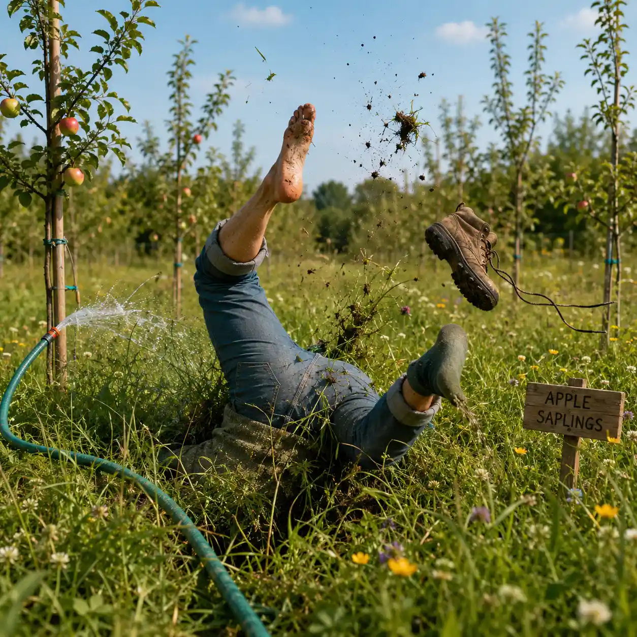 リンゴの苗木に水やりをしながら長い草に足を取られる男性
