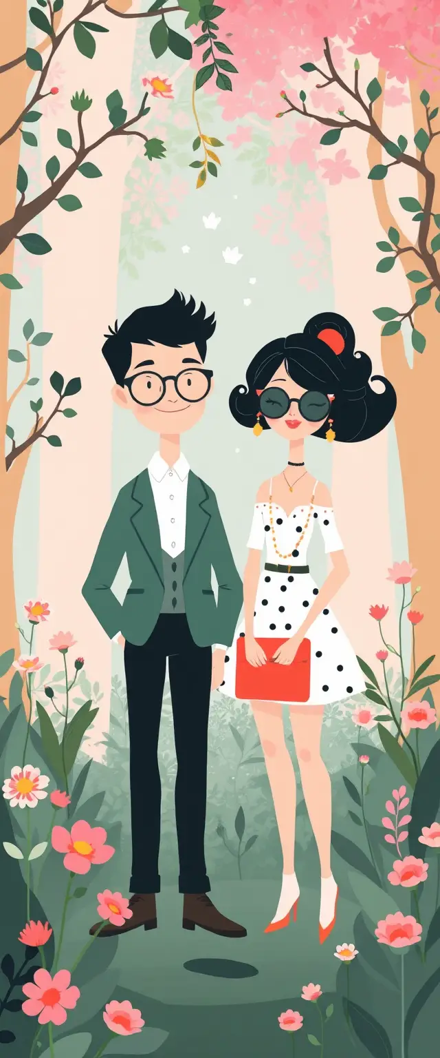 Whimsical flat illustration of a family in a pastel forest