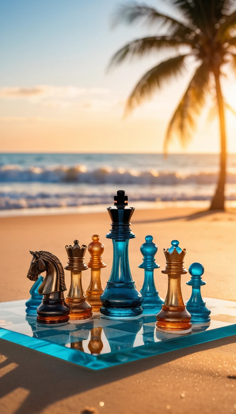 Jeu d’échecs de luxe en cristal sur plage tropicale au coucher du soleil