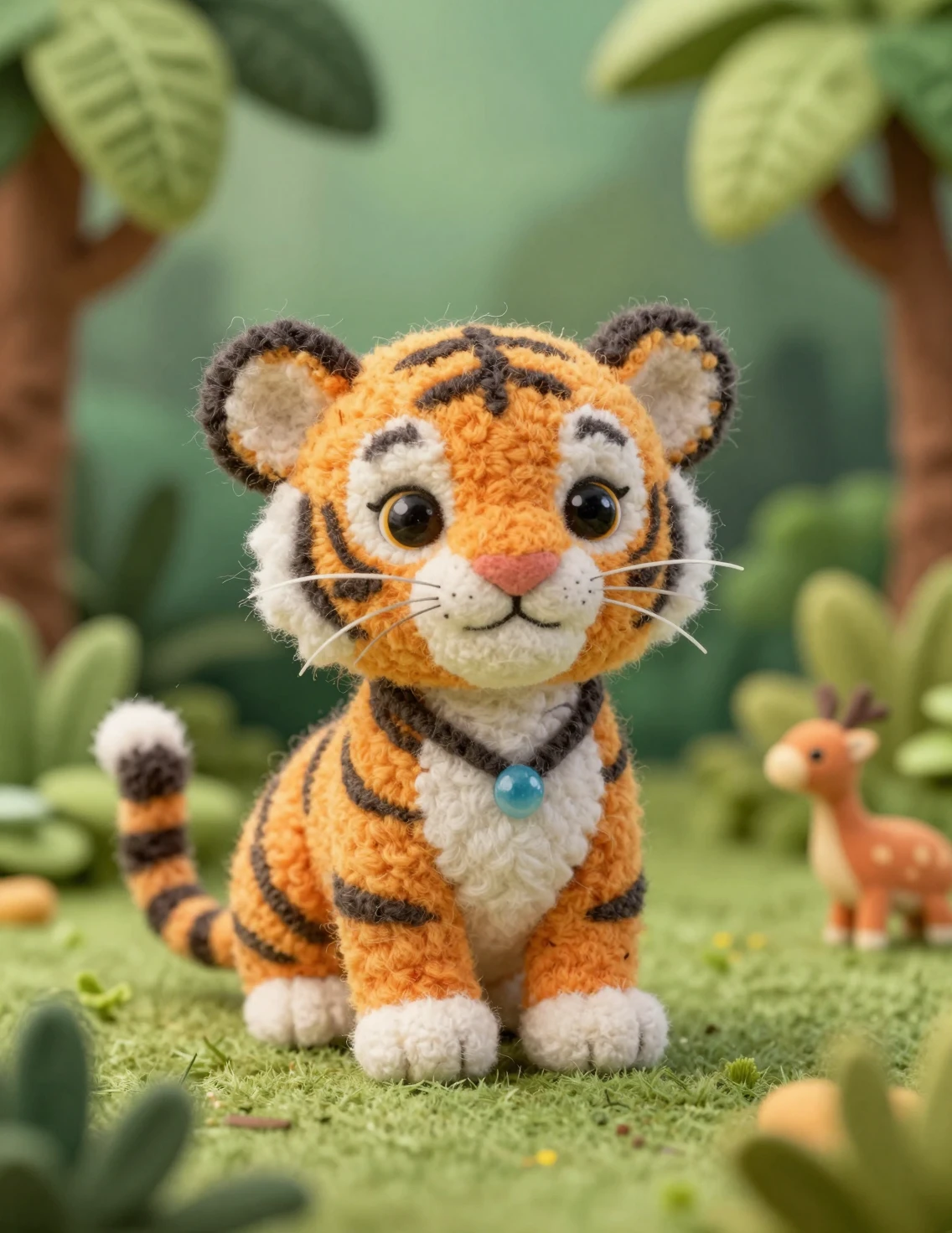 Tierno cachorro de tigre afieltrado a mano en una colorida jungla de peluche