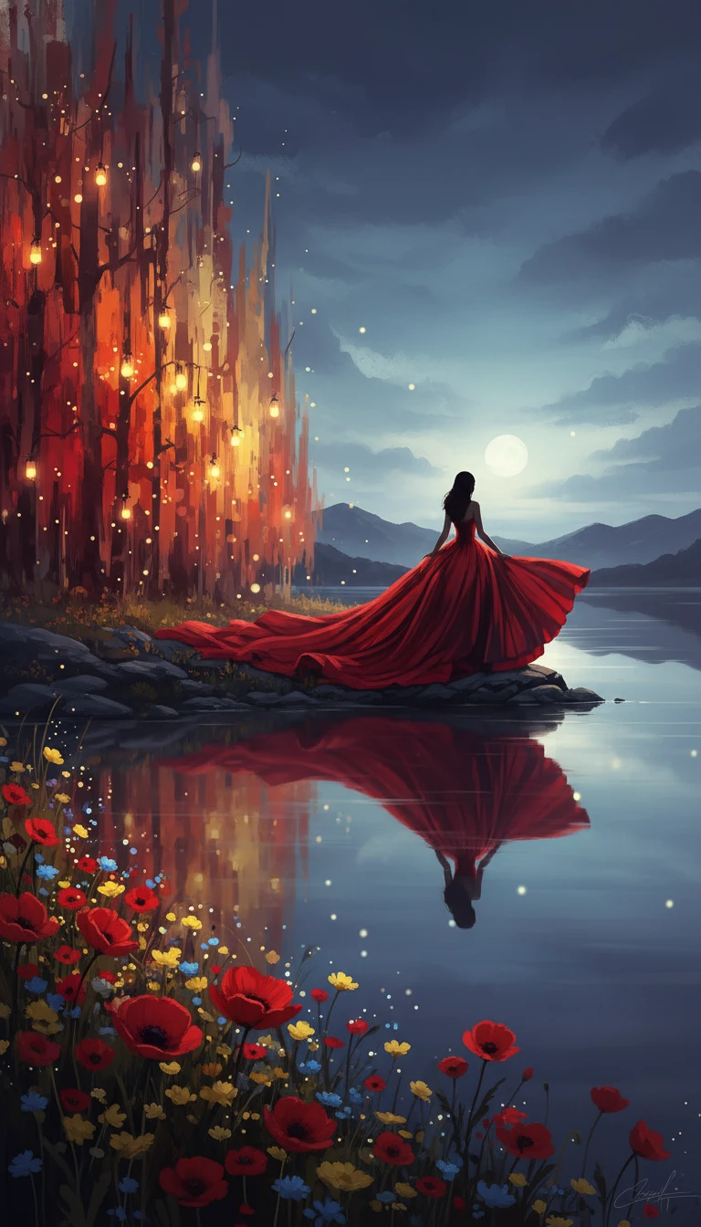 Woman in flowing red gown by a moonlit lake