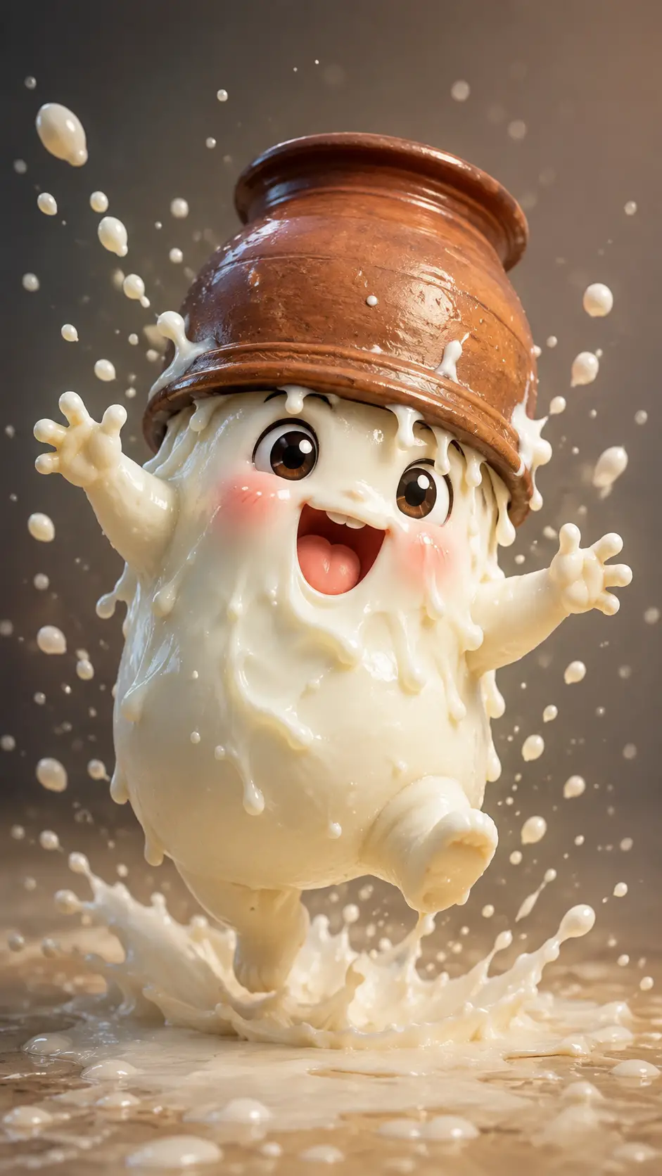 Playful kefir creature splashing milk in cartoon style