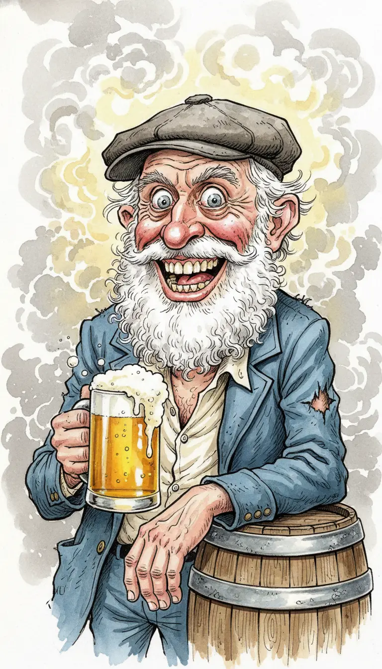 맥주 머그잔을 든 즐거운 노인이 있는 만화 바 장면