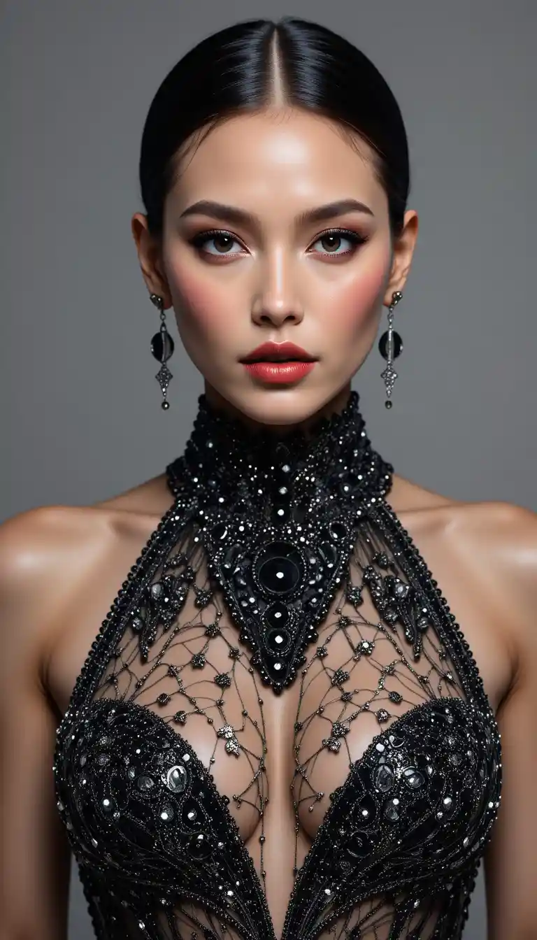 Portrait de mode glamour d’une femme en robe noire à sequins