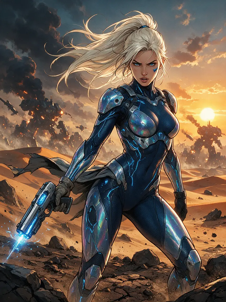 Icy haired sci fi warrior on a blazing battlefield