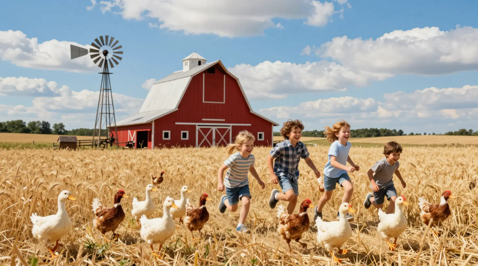 Niños felices de granja corriendo por campos dorados de trigo
