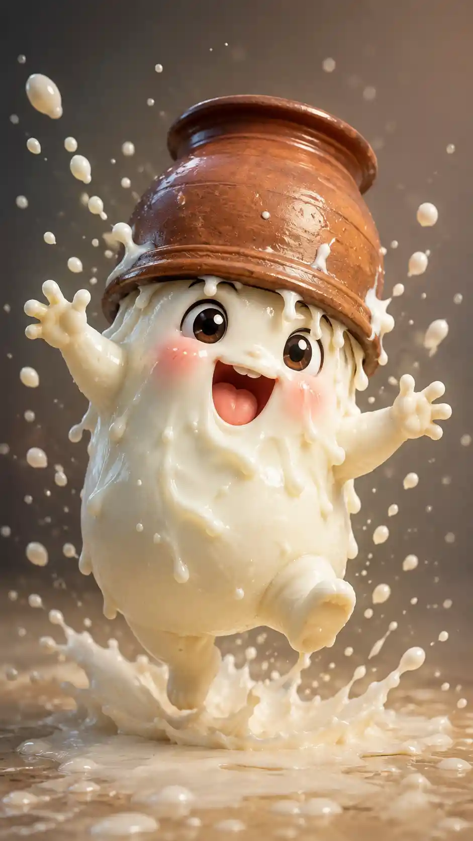 Playful kefir creature splashing milk in cartoon style