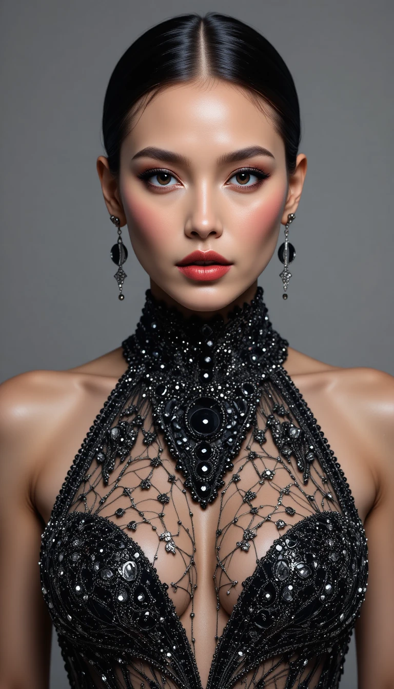 Portrait de mode glamour d’une femme en robe noire à sequins