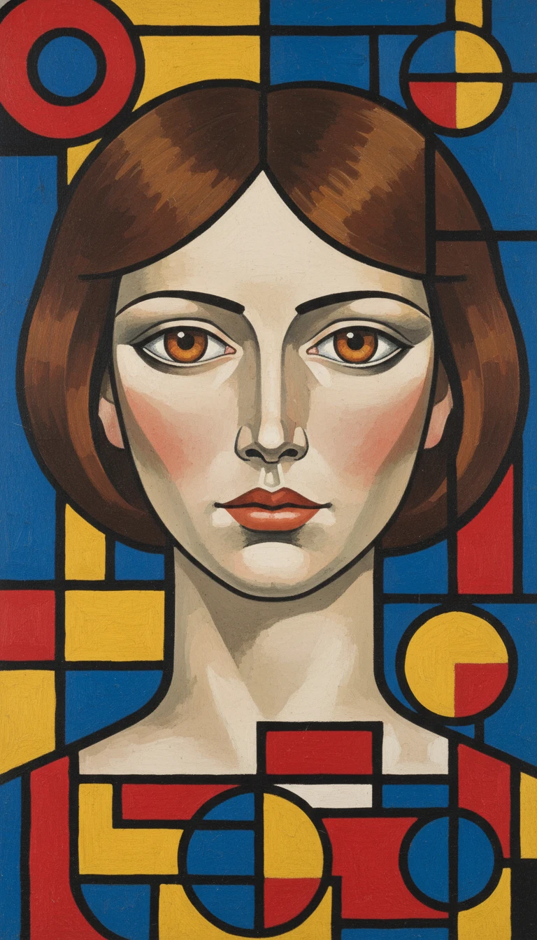 Mulher Bauhaus abstrata com cabelo anguloso e olhos cor de âmbar
