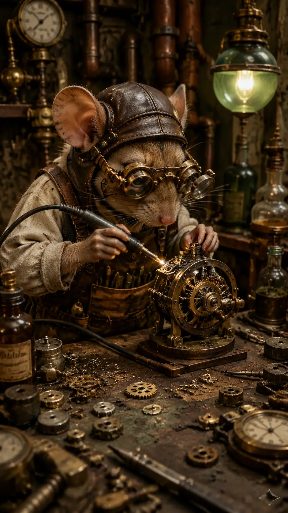 Ratón artesano steampunk creando un diminuto autómata de engranajes