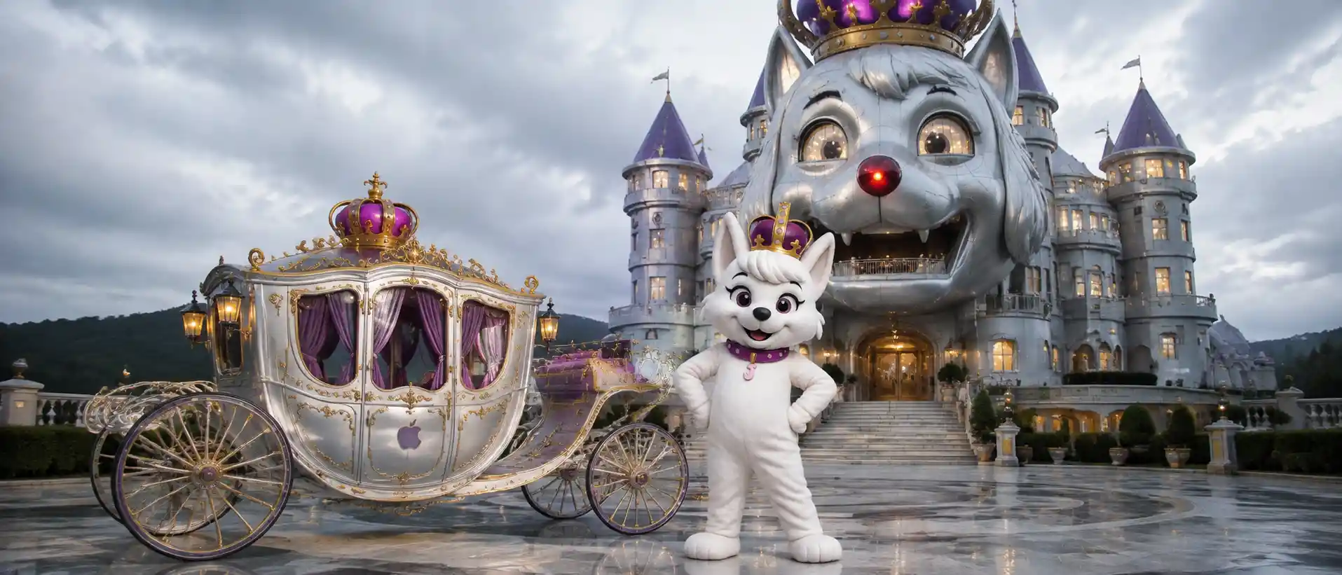 Dog mascot standing in a widescreen character photography scene