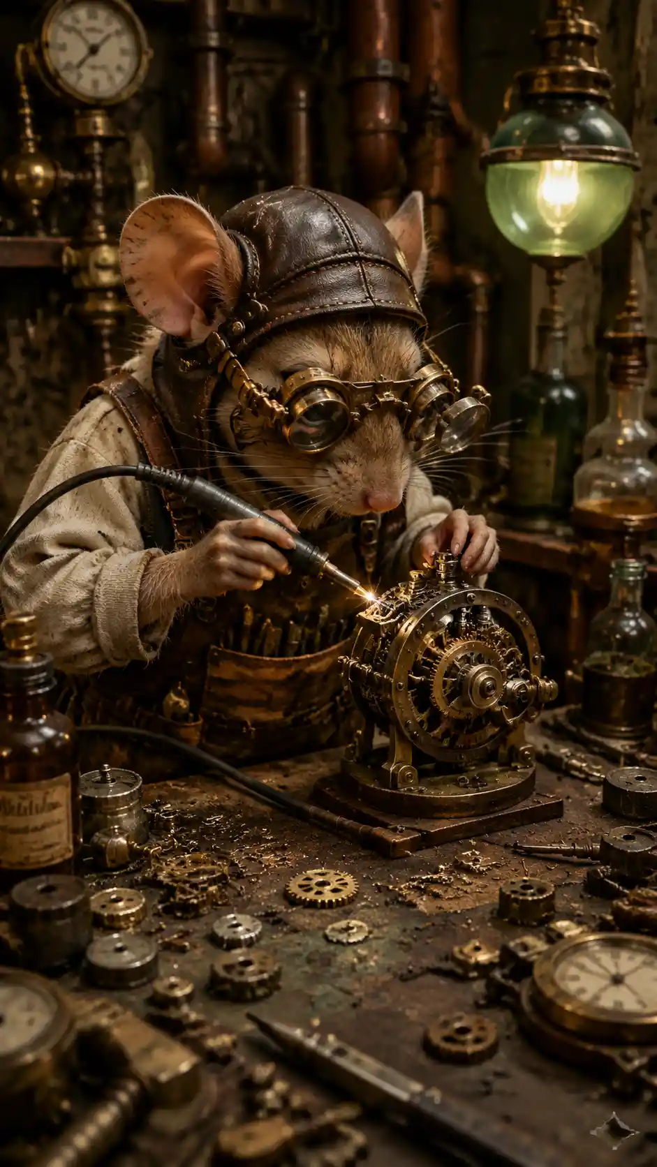 スチームパンクのネズミ職人が小さな発条仕掛けオートマトンを制作