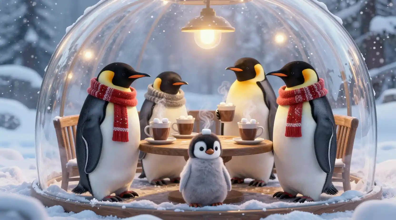 Cozy Penguin Cafe Inside A Glowing Glass Dome