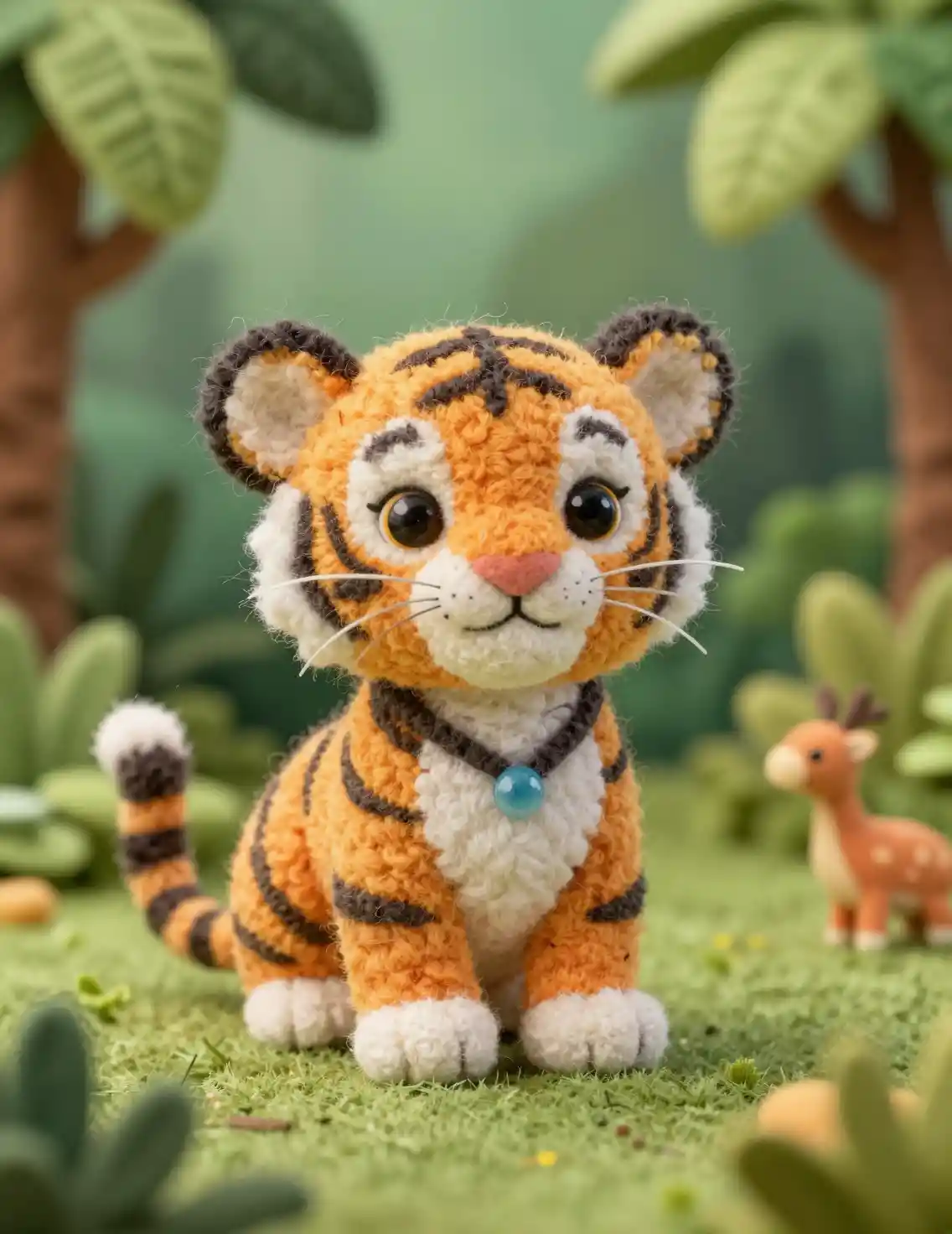 Süßes nadelgefilztes Tigerbaby im bunten Plüsch-Dschungel