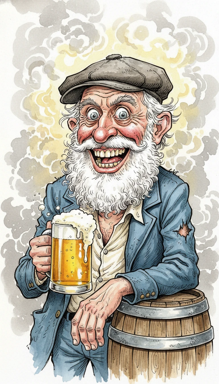 Cheerful old man with beer mug in cartoon bar scene