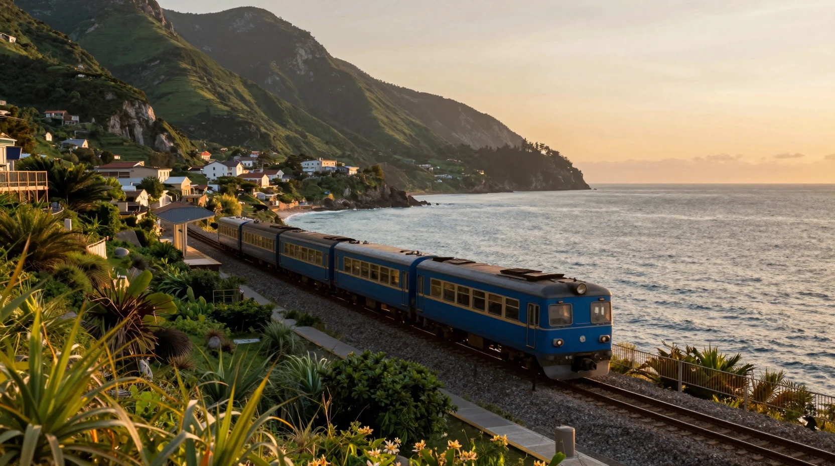 Trem costeiro azul passando por montanhas na hora dourada