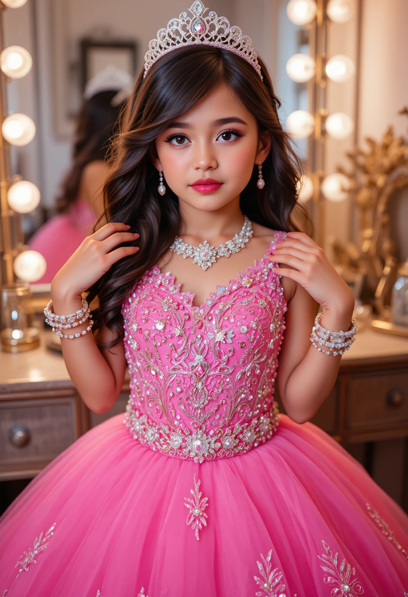 Joven chico con vestido de quinceañera rosa fuerte frente al tocador