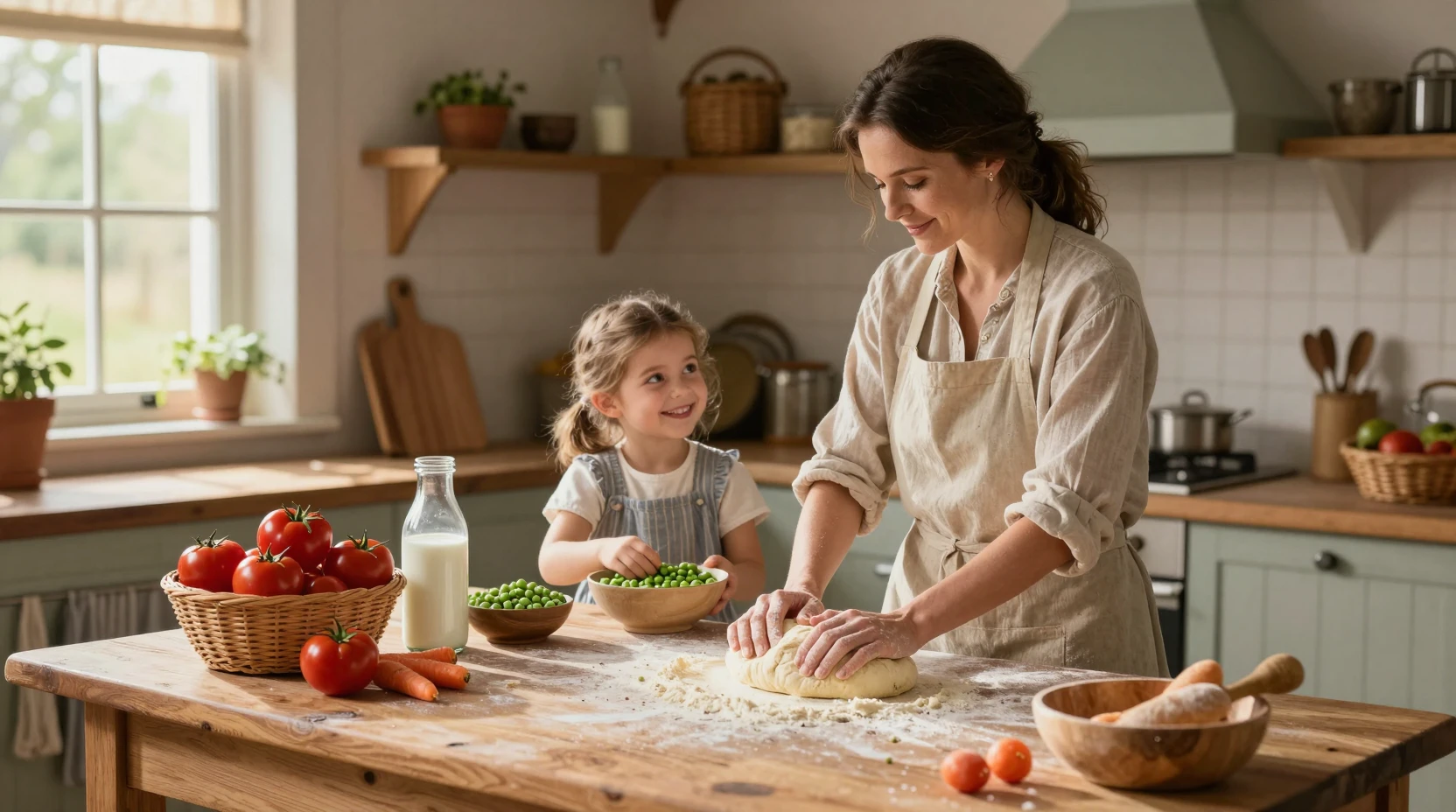Mother And Daughter Baking In Rustic Farmhouse Kitchen