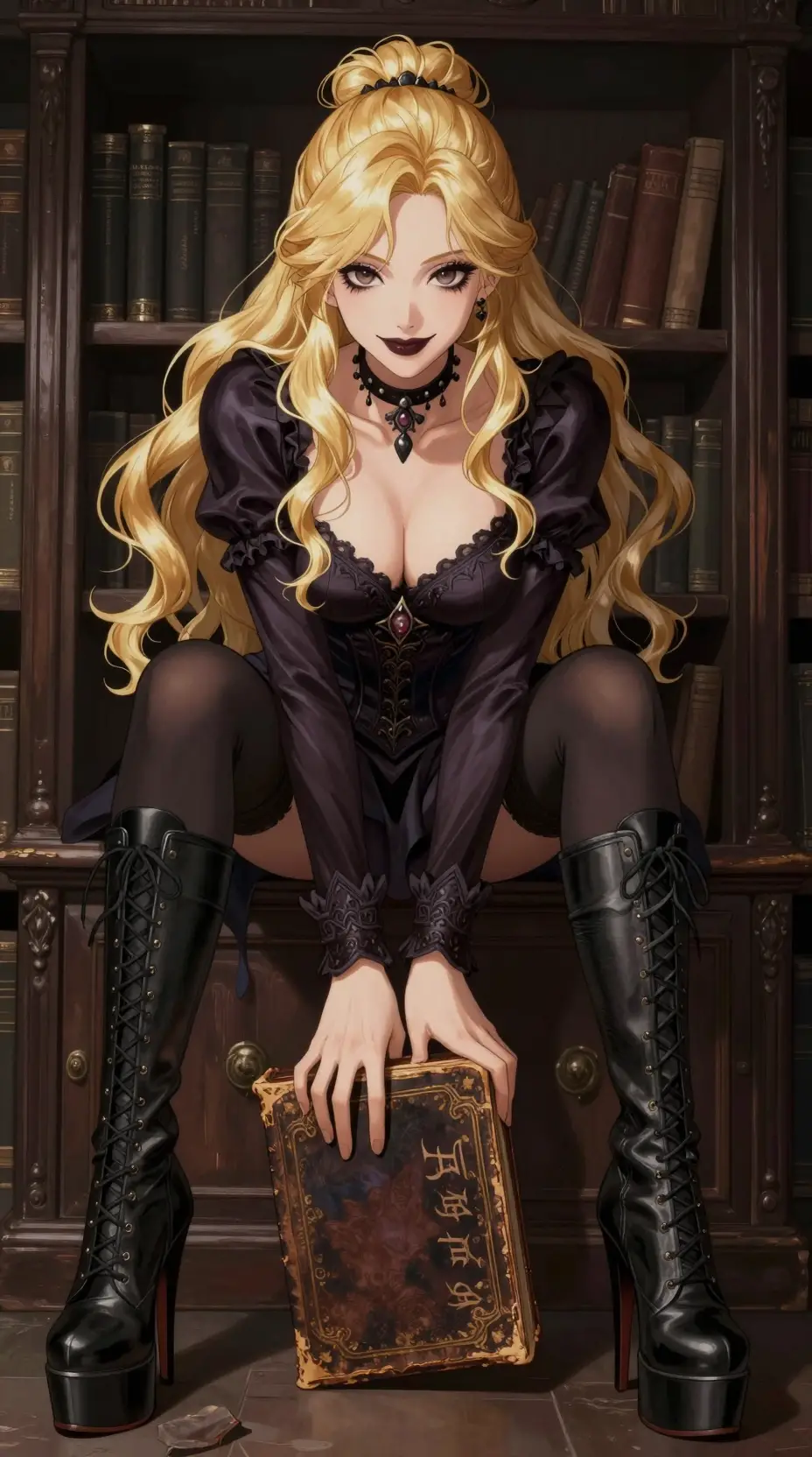 Femme gothique d’anime assise sur un meuble dans une bibliothèque sombre