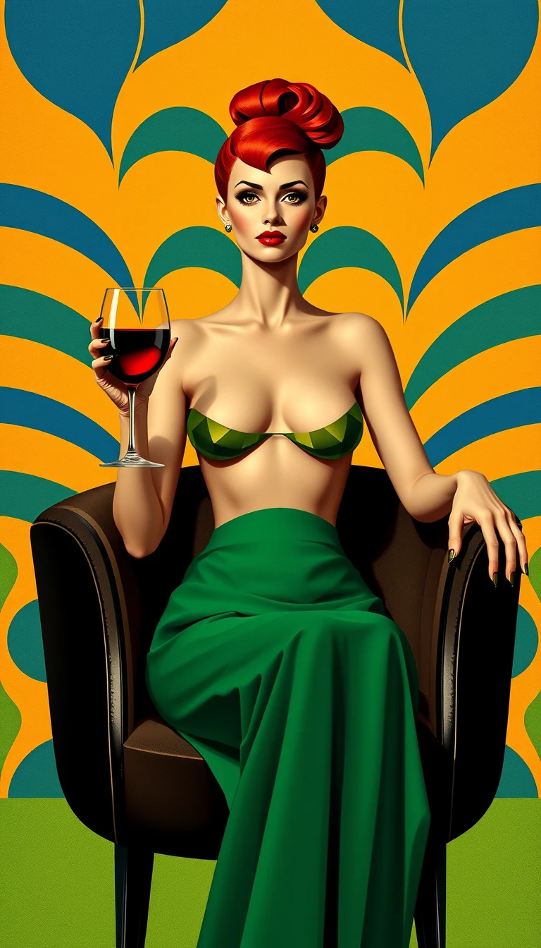 Mulher art déco com chapéu vermelho e taça de vinho