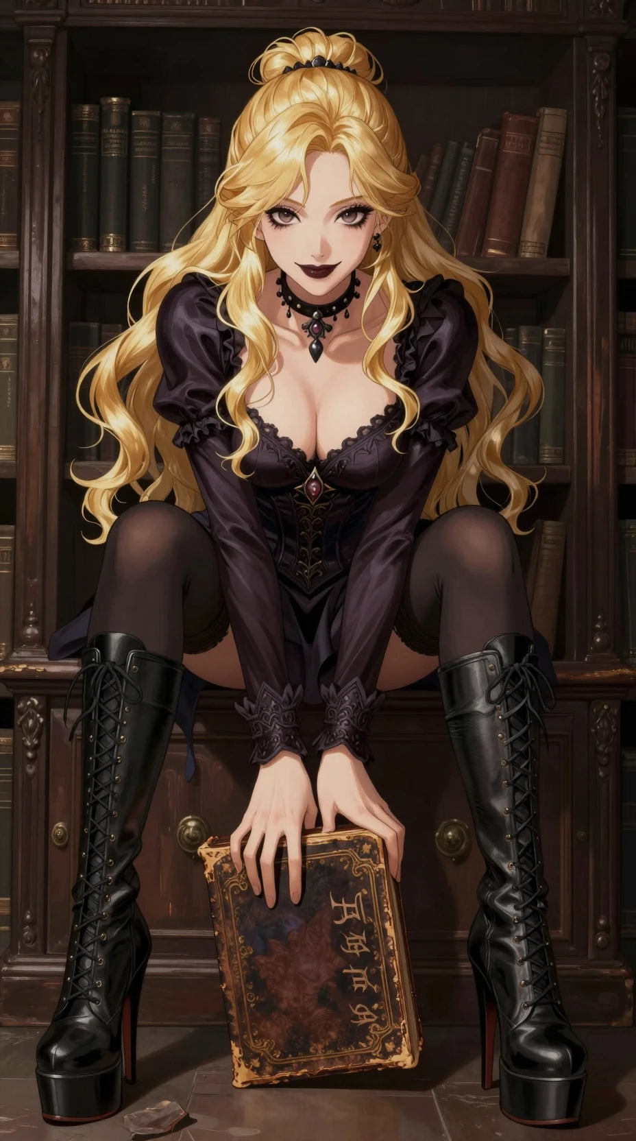 Gothic anime woman sitting on cabinet in dark library