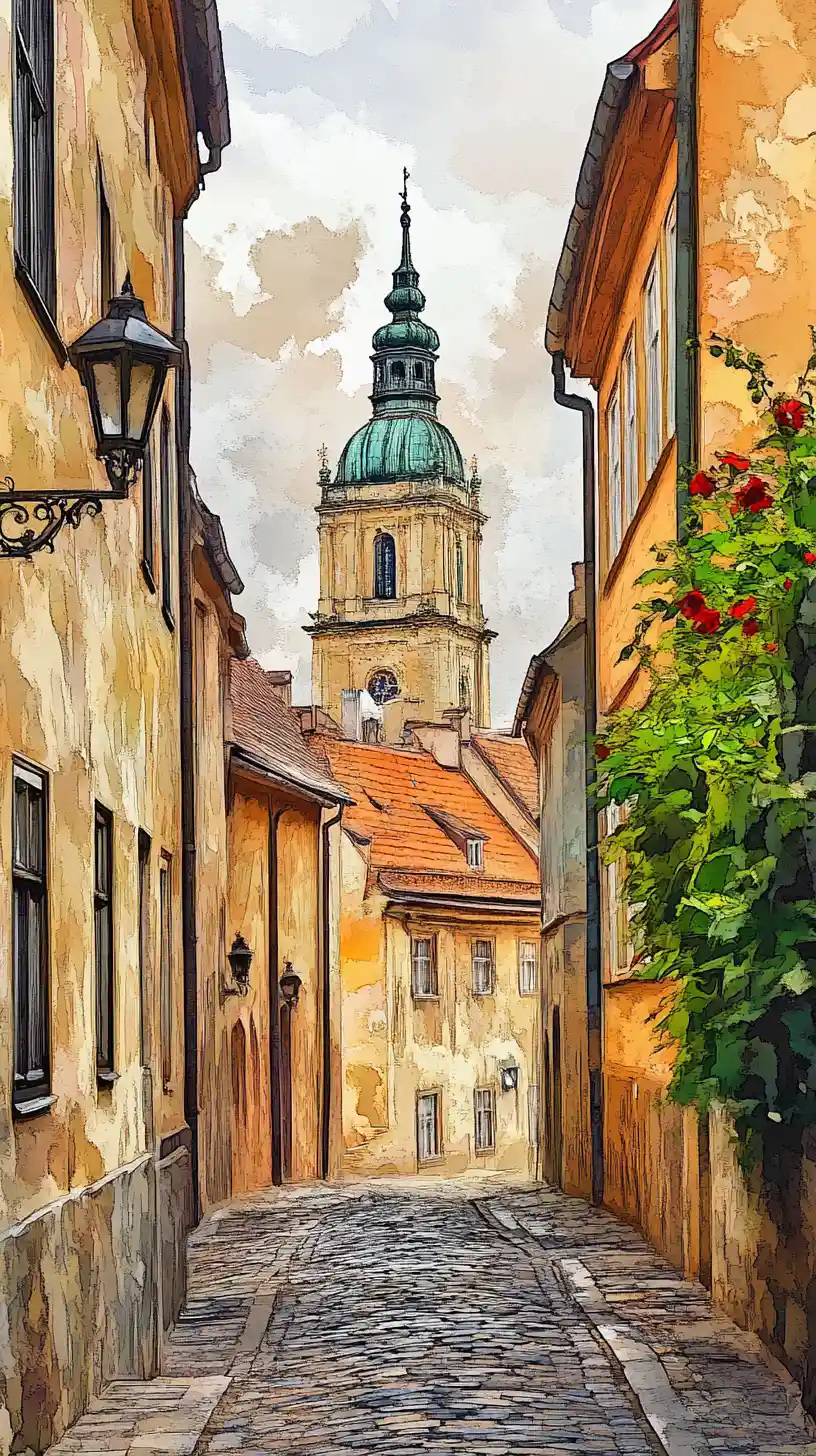 Watercolor view of a historic european street and cathedral