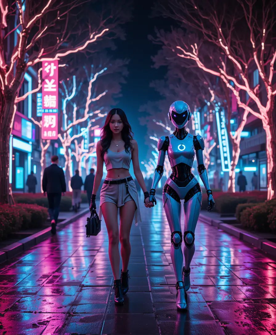 Cyberpunk couple walking hand in hand in neon city park