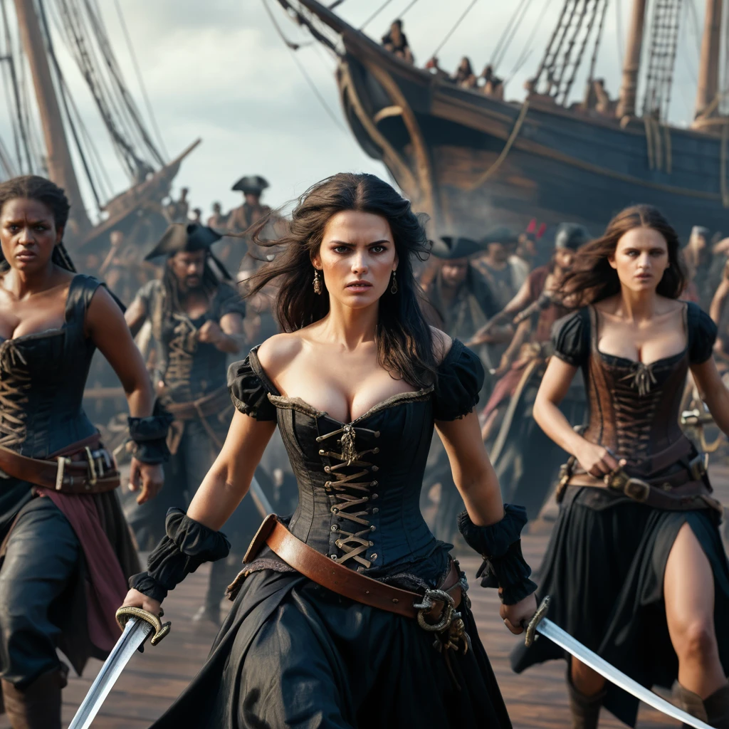 Dark haired women pirates battling men with cutlass swords