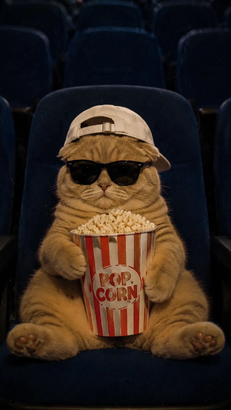 Scottish fold cat at the movies with popcorn and sunglasses
