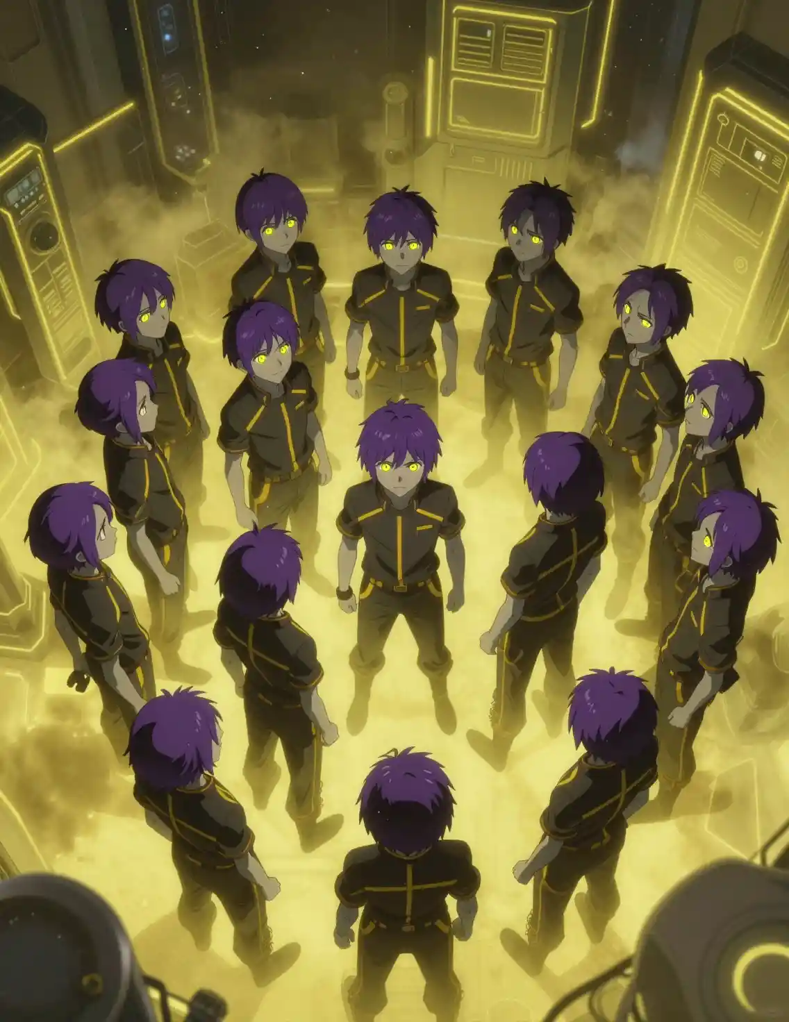 Overhead View Of Anime Boys In Neon Sci Fi Facility