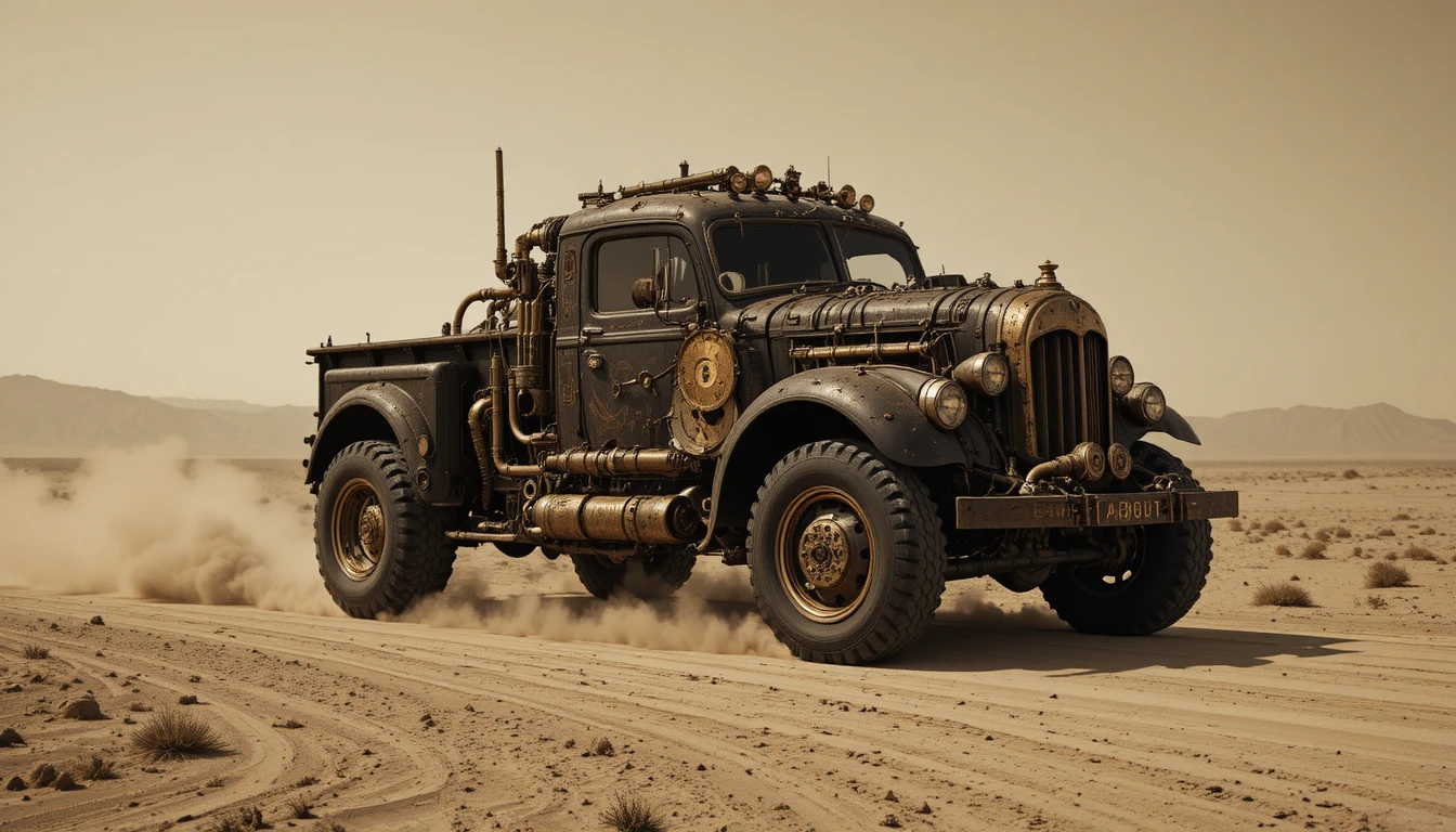 Steampunk truck crossing a lonely desert dirt road