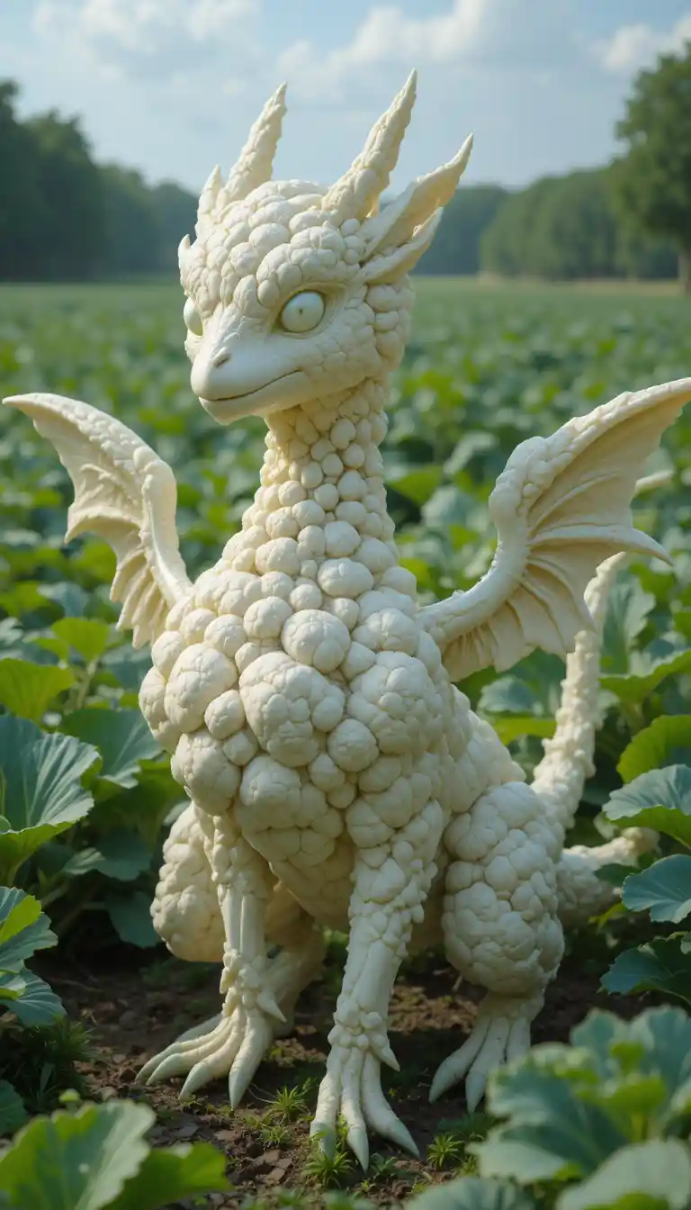 Mythical cauliflower creature in a lush cabbage field