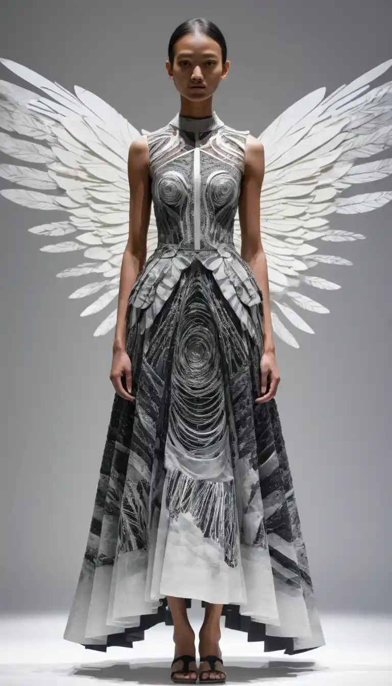 Vestido cinético de silhueta com padrões transparentes em camadas vibrantes