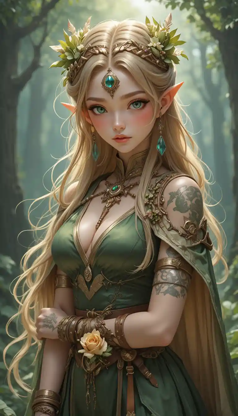 Waldfarbene Anime-Zauberin mit Drachenhörnern und -schwanz