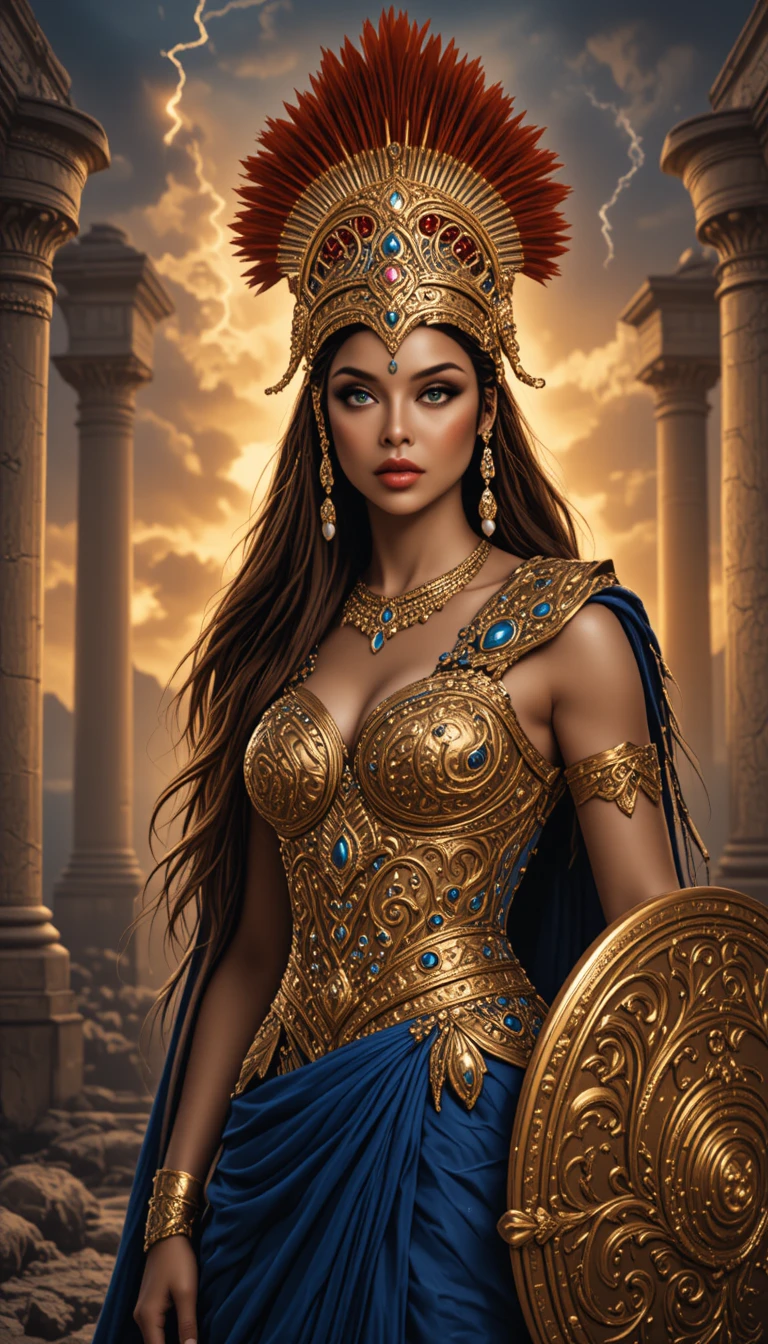 Roman goddess warrior in golden armor before ancient ruins